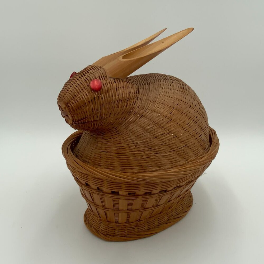 Vintage Wicker Bunny Rabbit Basket Red Eyes Bamboo Ears Easter Basket